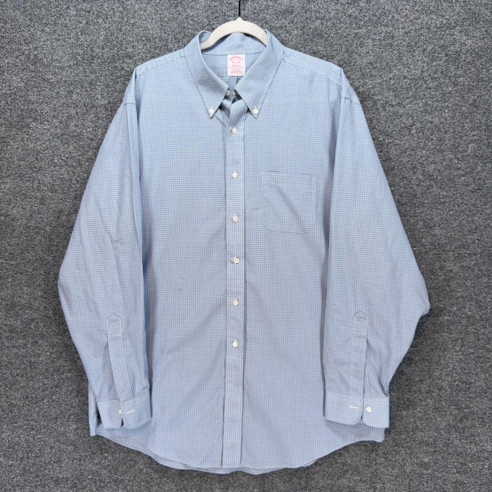 Brooks Brothers Button‎ Down Shirt Mens 17.5 Blue Micro Check Non-Iron Madison